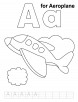 A for aeroplane coloring page with handwriting practice