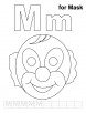 M for mask coloring page with handwriting practice