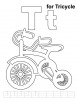 T for tricycle coloring page with handwriting practice