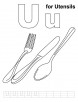 U for utensils coloring page with handwriting practice