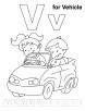 V for vehicles coloring page with handwriting practice