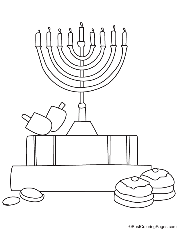 Hanukkah menorah with burning candles coloring page