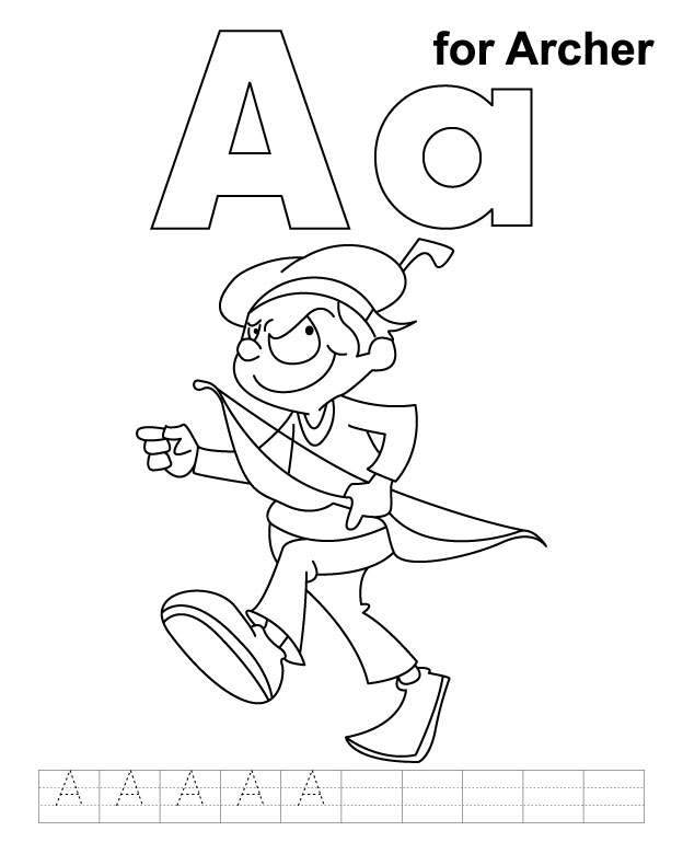 A for archer coloring page with handwriting practice