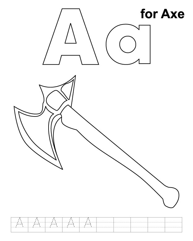 A for axe coloring page with handwriting practice