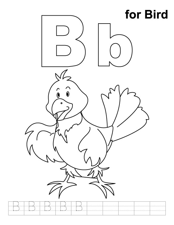 B for bird coloring page with handwriting practice