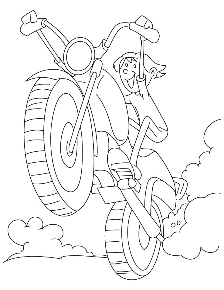 A boy driving a motorcycle very fast coloring page