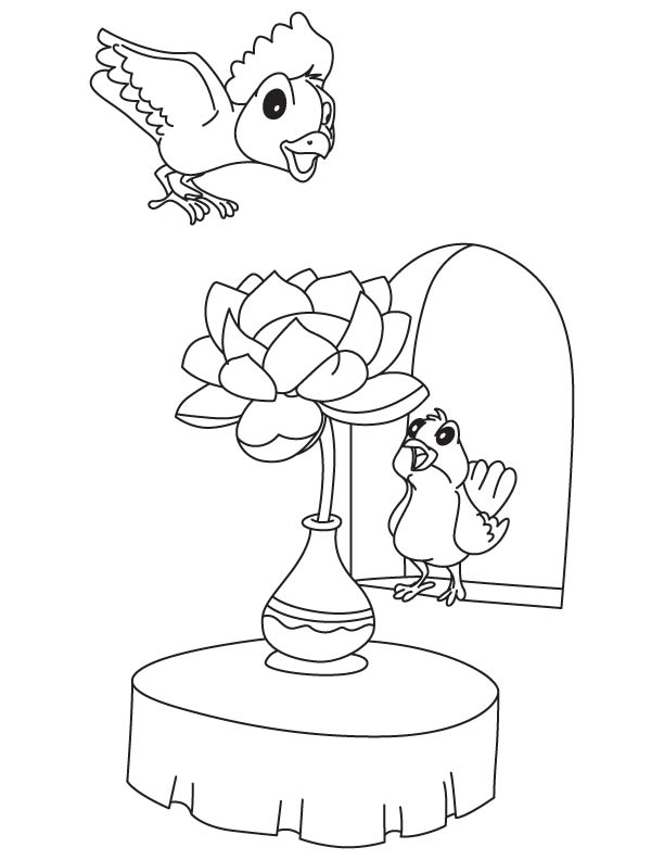 Birds fighting for lotus coloring page