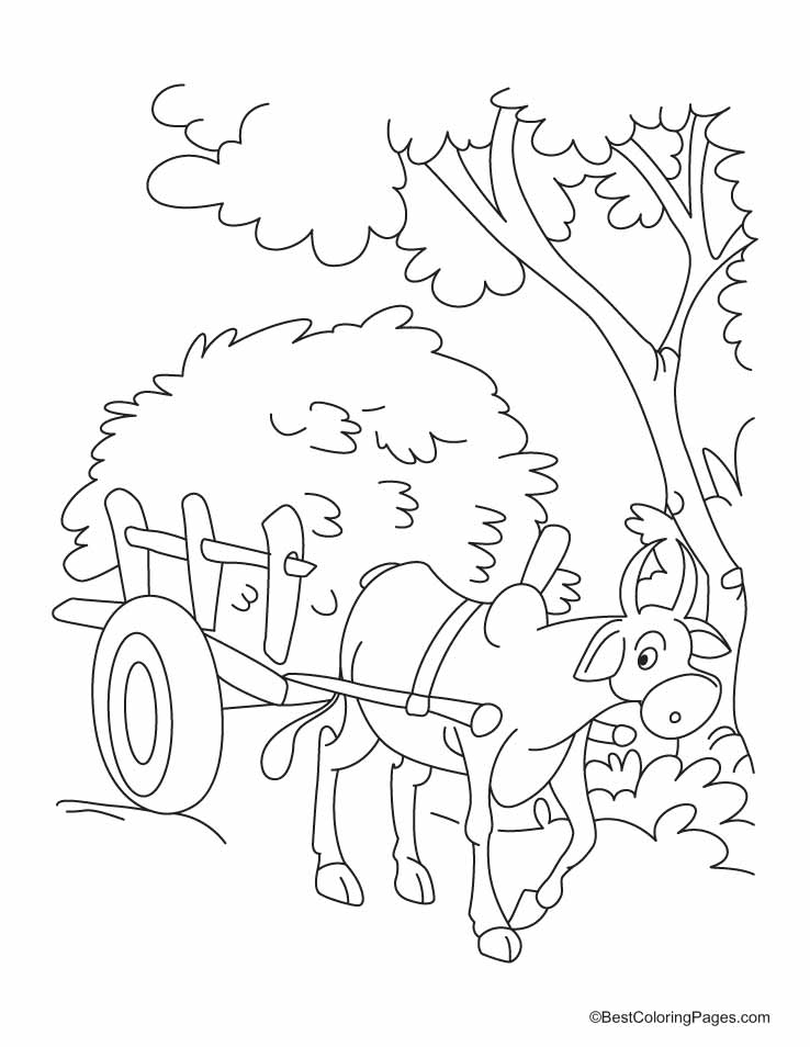 A bullock cart piled high with rice straw coloring pages