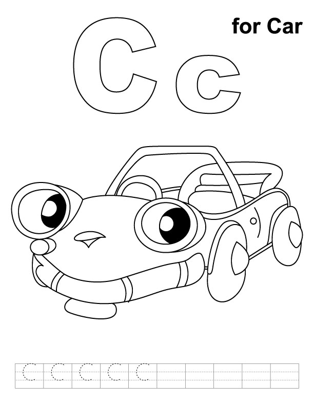 C for car coloring page with handwriting practice  	