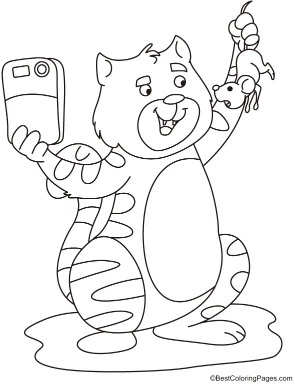 Cat taking selfie with mouse coloring page