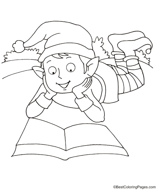 Christmas elf reading coloring page