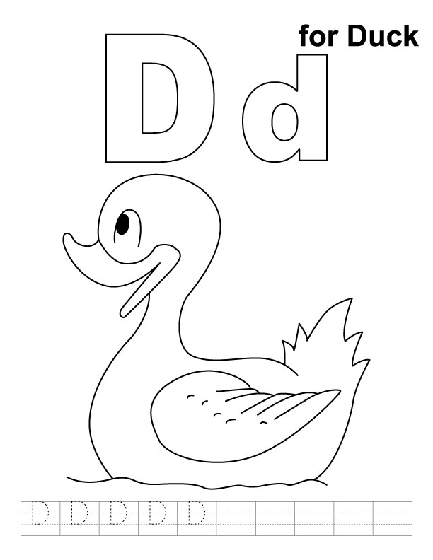 D for duck coloring page with handwriting practice 