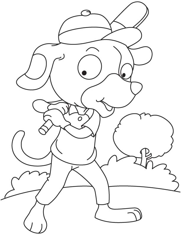 Dog holding a bat coloring page