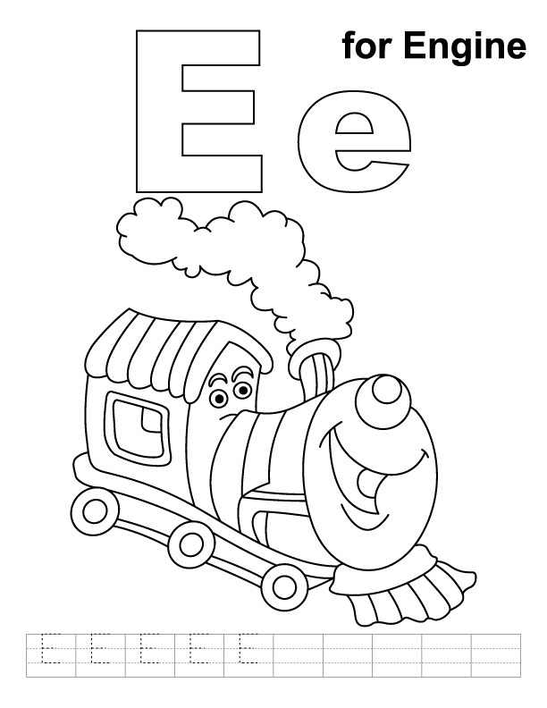 E for engine coloring page with handwriting practice 