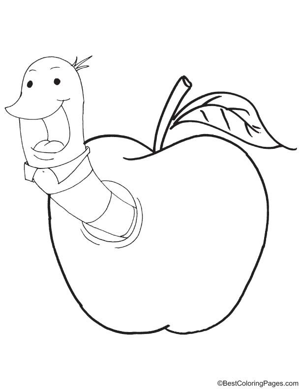 Earthworm in apple coloring page
