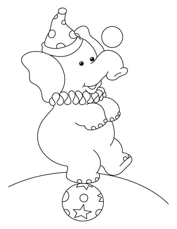 circus elephant standing on a ball coloring page