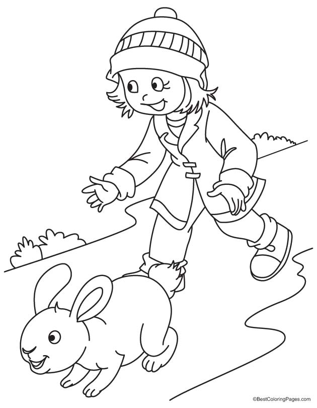 Girl running with rabbit coloring page
