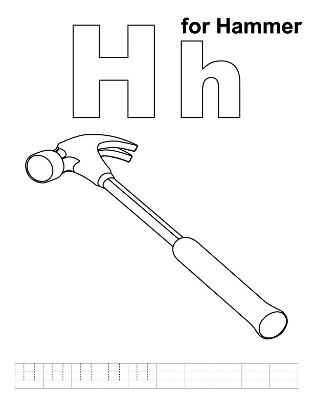 H for hammer coloring page with handwriting practice | Download Free H
