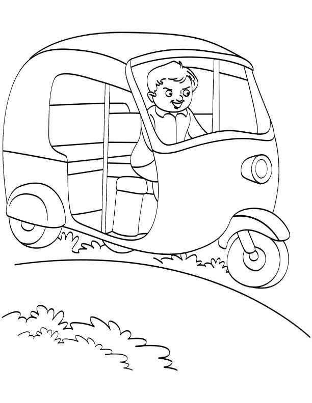 Happy auto rickshaw driver coloring page