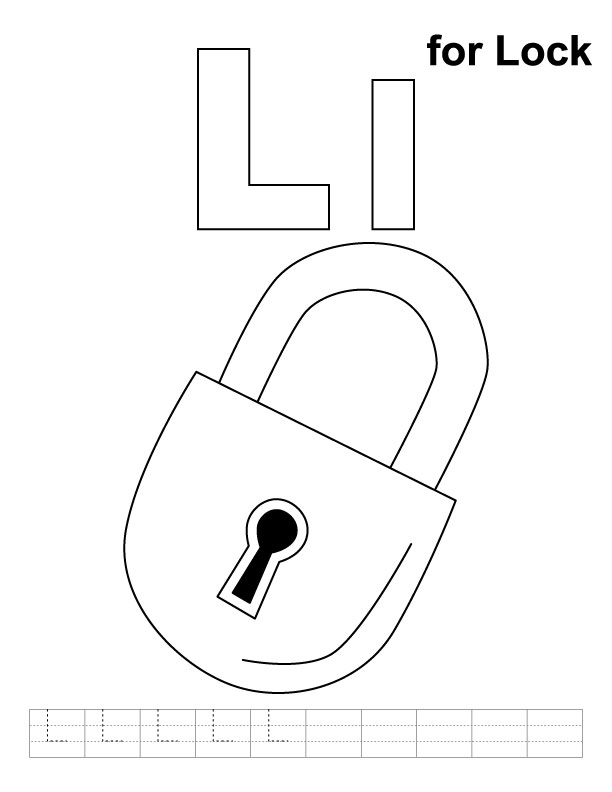 L for lock coloring page with handwriting practice