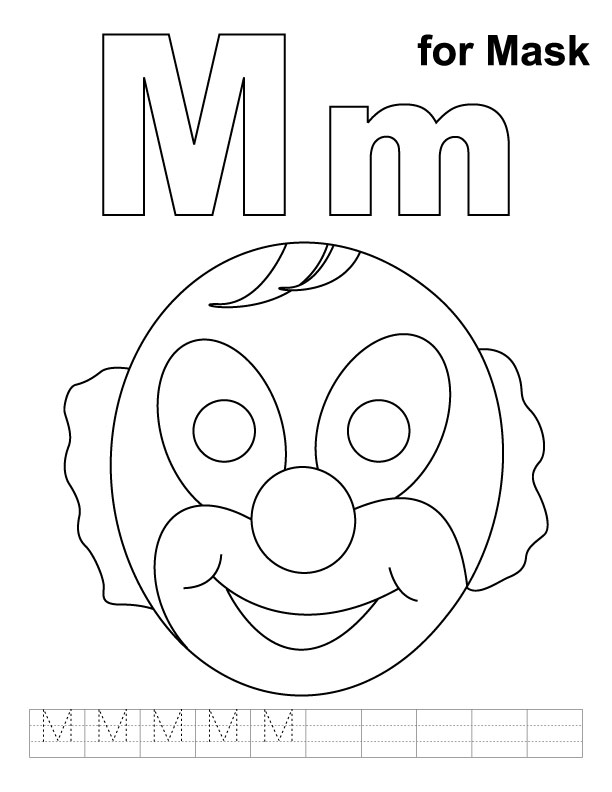M for mask coloring page with handwriting practice