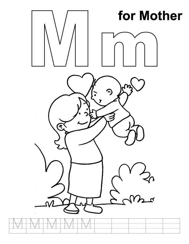 M for mother coloring page with handwriting practice