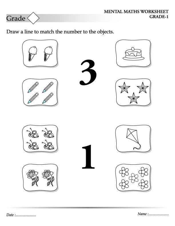 Draw a line to match the number to the objects