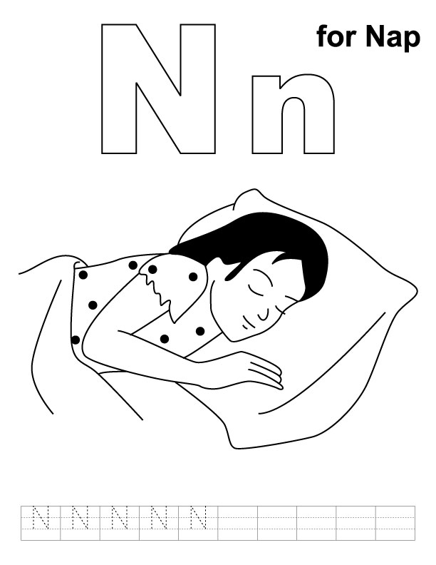 N for nap coloring page with handwriting practice