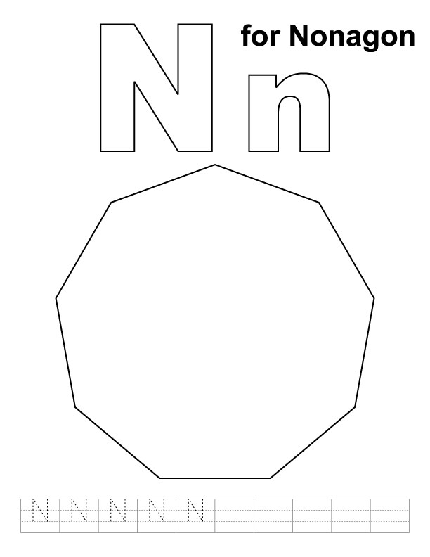 N for nonagon coloring page with handwriting practice