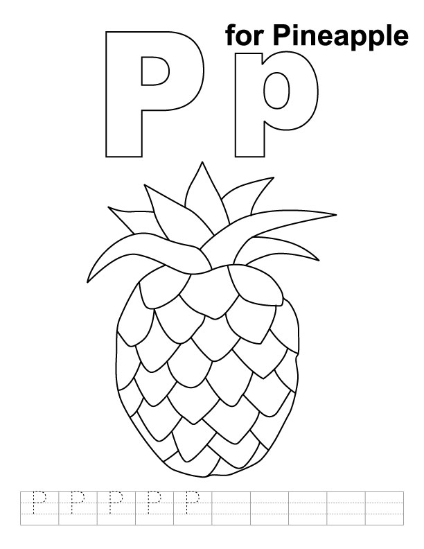 P for pineapple coloring page with handwriting practice