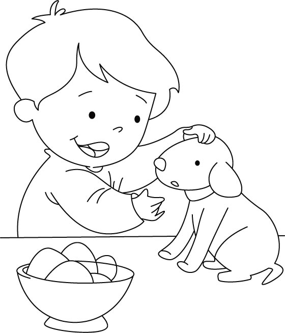 A boy and Puppy eating eggs coloring page