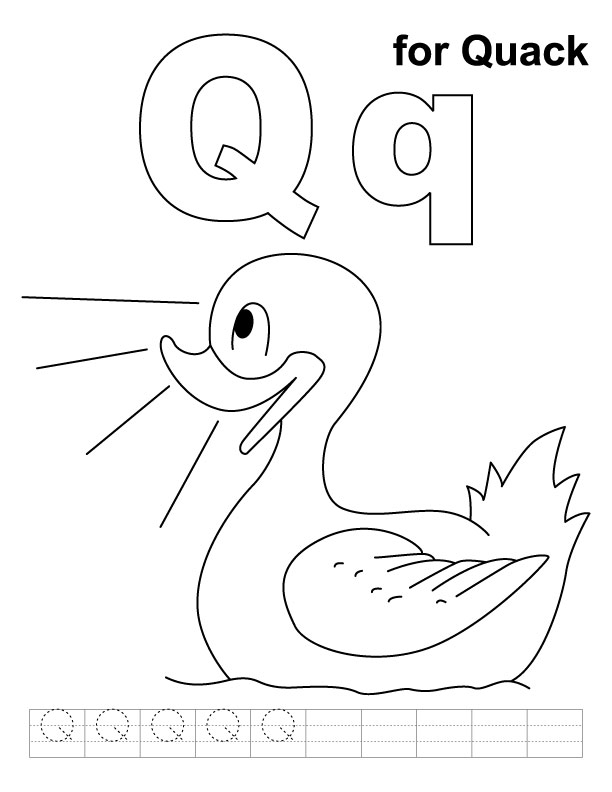 Q for quack coloring page with handwriting practice