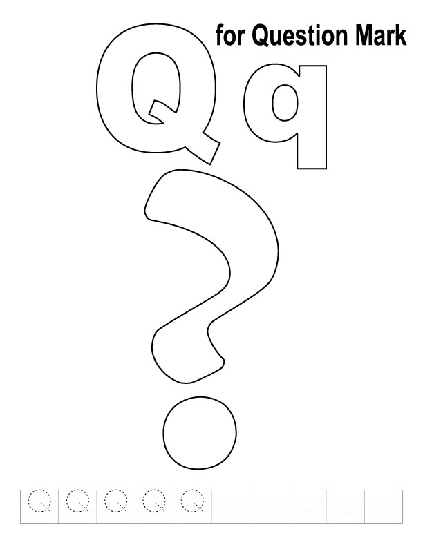 Q for question mark coloring page with handwriting practice | Download