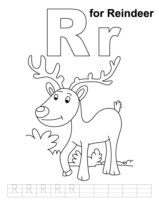 R for reindeer coloring page with handwriting practice