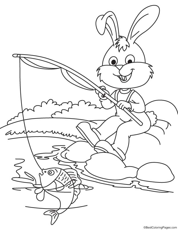 Rabbit enjoying fishing coloring page