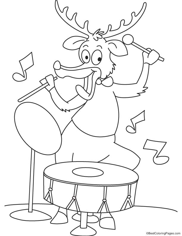 Reindeer playing drum coloring page