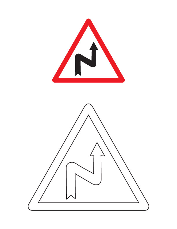 Right reverse bend traffic sign coloring page