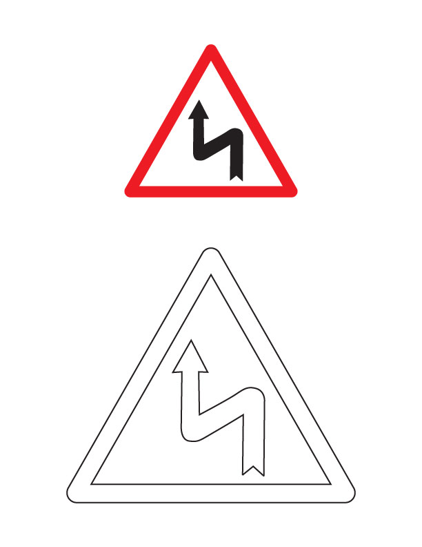 Left reverse bend traffic sign coloring page