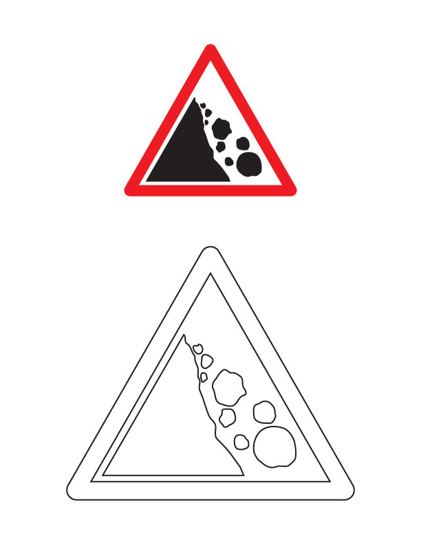 Falling rocks traffic sign coloring page