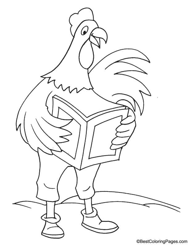 Rooster reading coloring page