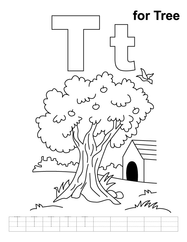 T for tree coloring page with handwriting practice