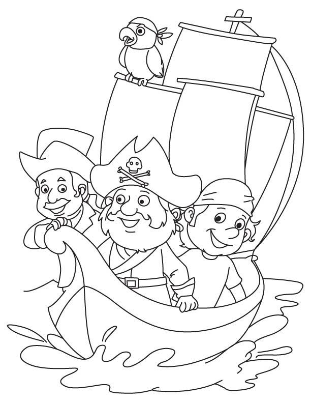 Three pirate in sailboat coloring page