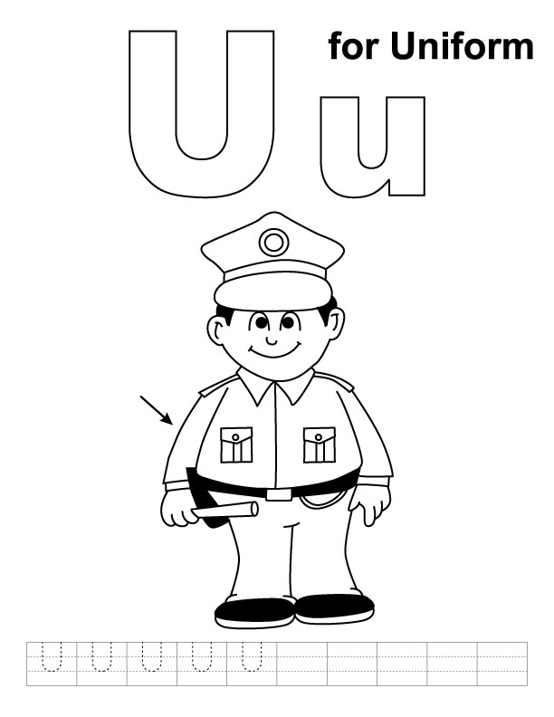U for uniform coloring page with handwriting practice