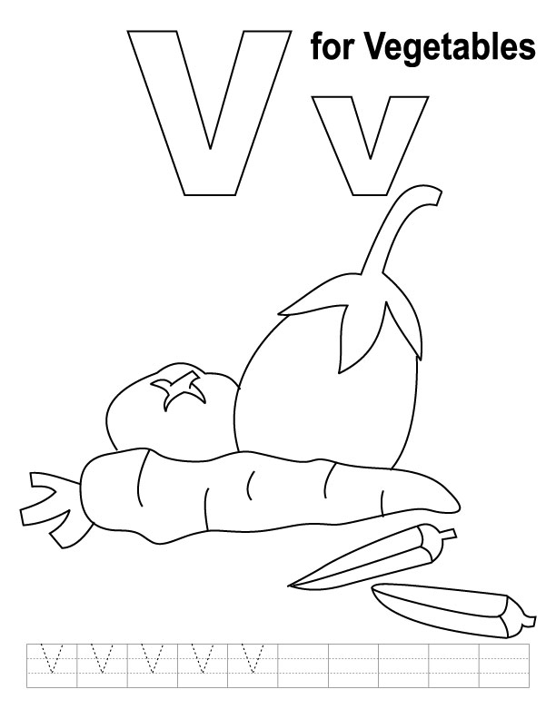 V for vegetables coloring page with handwriting practice
