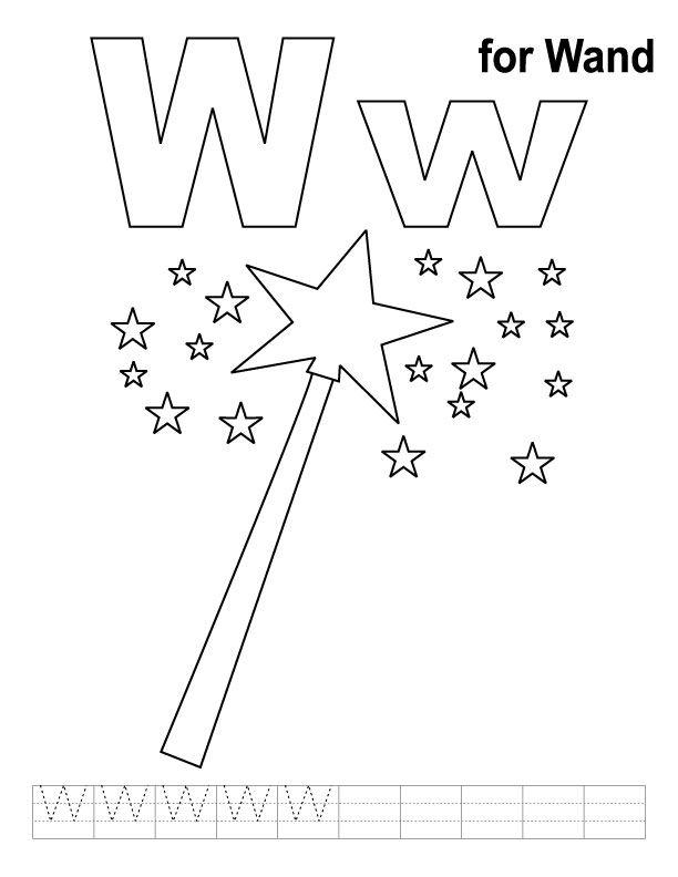 W for wand coloring page with handwriting practice | Download Free W