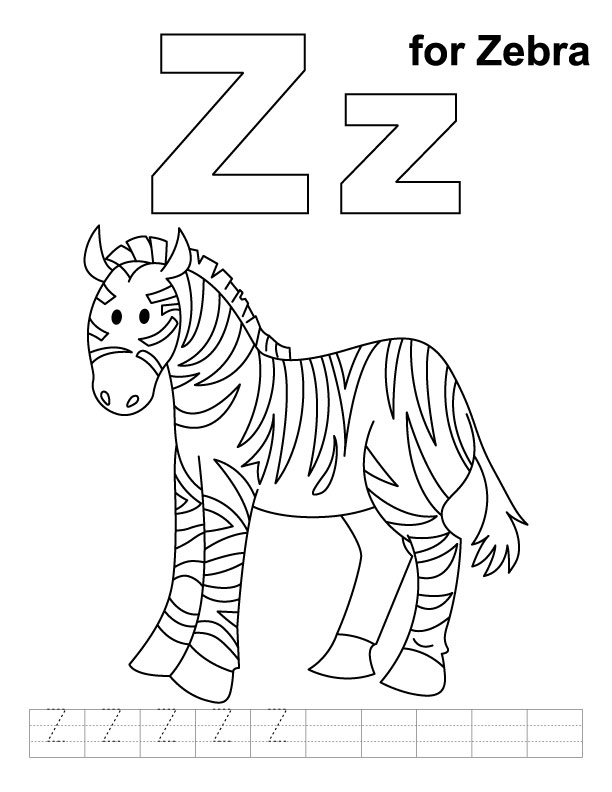 Z for zebra coloring page with handwriting practice