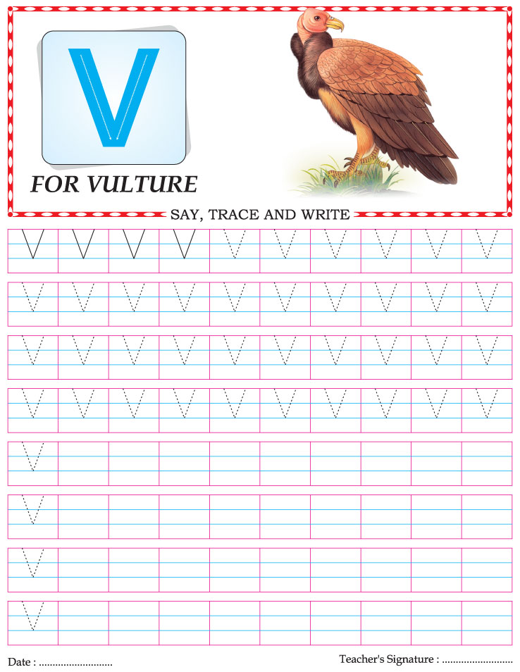 Capital letter writing practice worksheet alphabet V