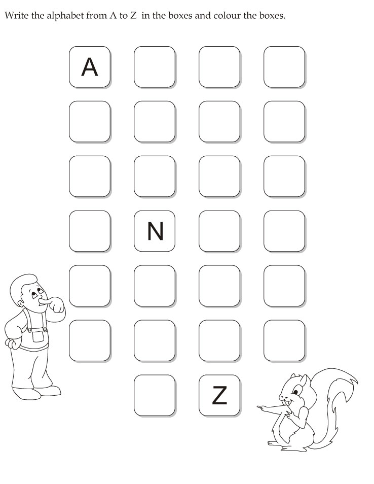 Write the alphabet from A to Z  in the boxes and color the boxes