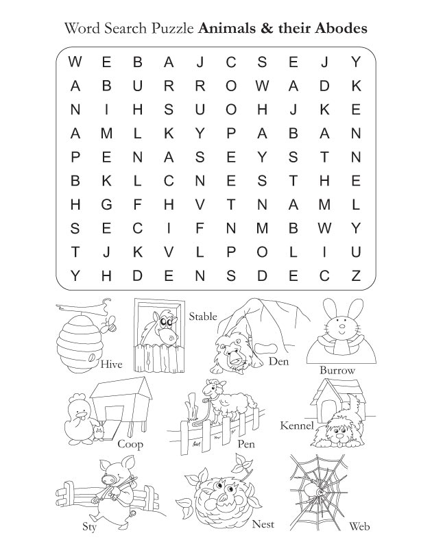 Word Search Puzzle Animals and their abodes