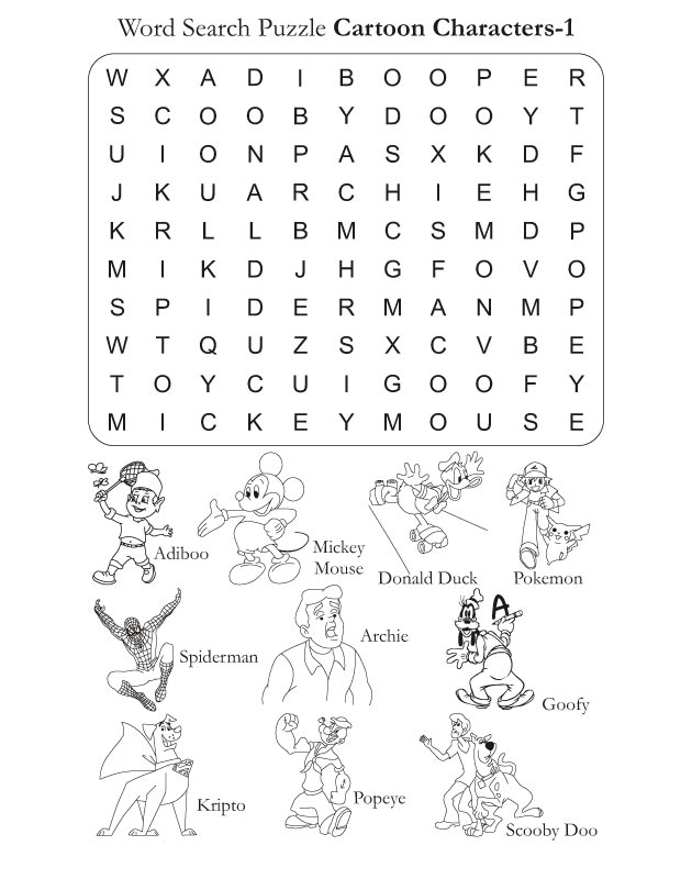 Word Search Puzzle Cartoon Characters 1